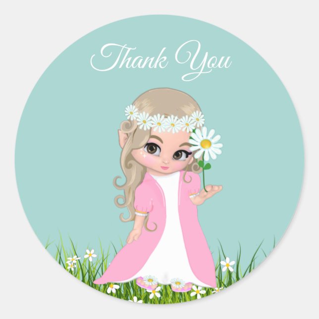 Sticker Rond Fée et fleurs sur fond bleu clair Merci (Devant)