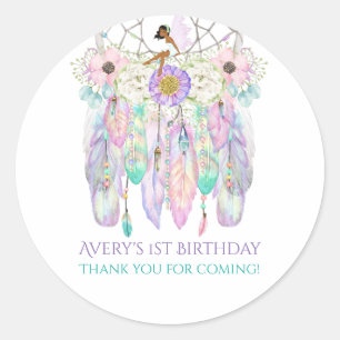 Sticker Rond Fée ethnique Boho Dream Catcher Pastels Plumes