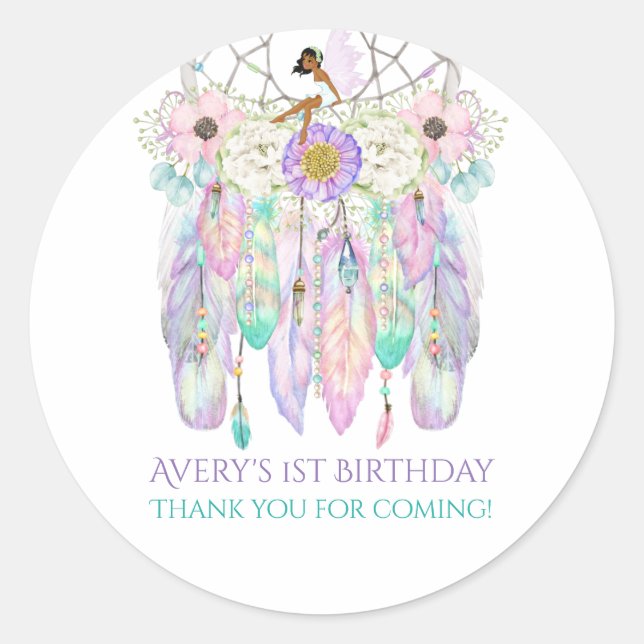 Sticker Rond Fée ethnique Boho Dream Catcher Pastels Plumes (Devant)