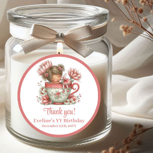 Sticker Rond Fée Fleurs Rose Pâle Fantaisiste Fille Anniversair
