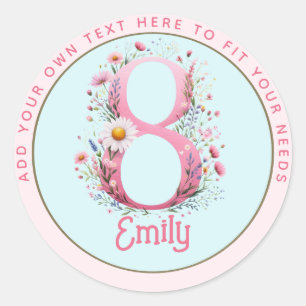 Sticker Rond Fée Florale Rose Princesse Conte de Fées 8ème Anni