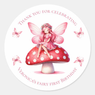 Sticker Rond Fée Merci pour la célébration d'anniversaire rose
