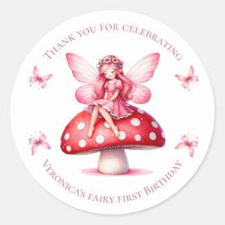 Sticker Rond Fée Merci pour la célébration d'anniversaire rose