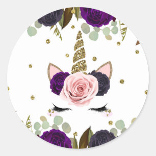 Sticker Rond Fée Naissance Licorne Pailleur Doré Fleur Glamour 