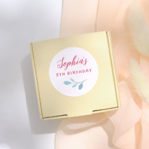 Sticker Rond Fée rose manuscrite Feuille Fille fête d'anniversa