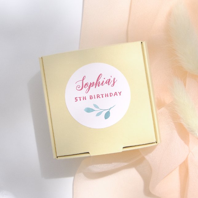 Sticker Rond Fée rose manuscrite Feuille Fille fête d'anniversa (Créateur téléchargé)