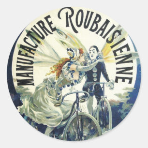 Sticker Rond Fées Art nouveau vintage, Pierrot à bicyclette Lun