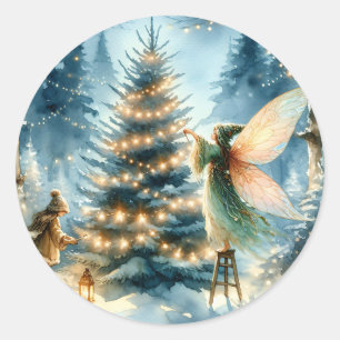 Sticker Rond Fées de Whimsical en Wonderland hivernal