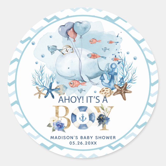 Sticker Rond Félicitations Baleine C'est un Garçon Baby Shower  (Devant)