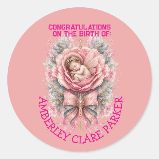Sticker Rond Félicitations Bébé Fée fille Rose Rose Naissance  (Devant)