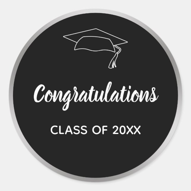 Sticker Rond Félicitations Black Silver Elegant Class of 2025 (Devant)