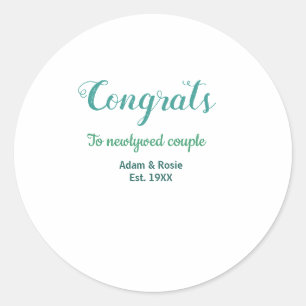 Sticker Rond Félicitations couple de mariage bleu vert nom anné