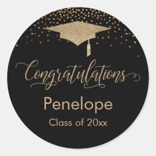 Sticker Rond Félicitations Gold Confetti Graduation Black