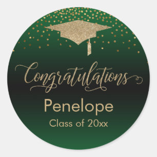 Sticker Rond Félicitations Gold Confetti Graduation Green