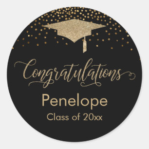 Sticker Rond Félicitations Gold Confetti Graduation Noir
