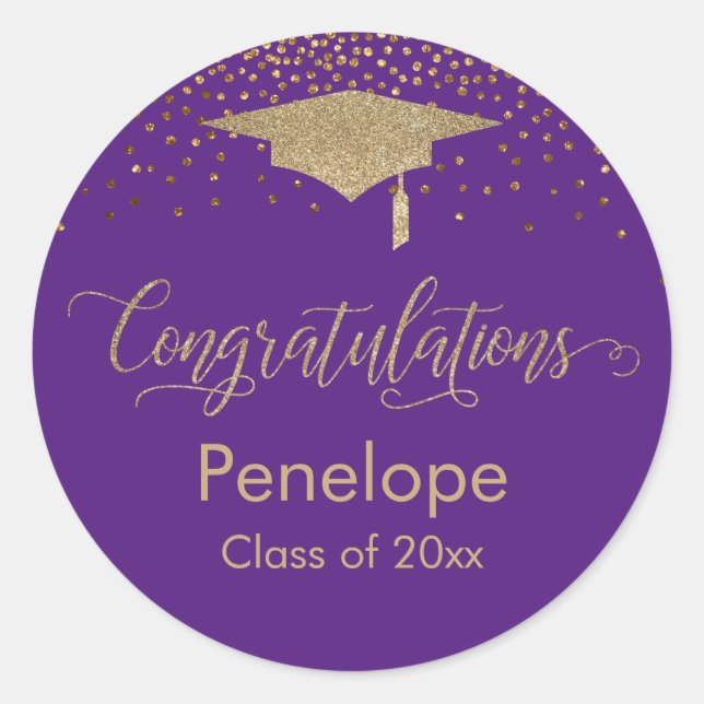 Sticker Rond Félicitations Gold Confetti Graduation Purple (Devant)