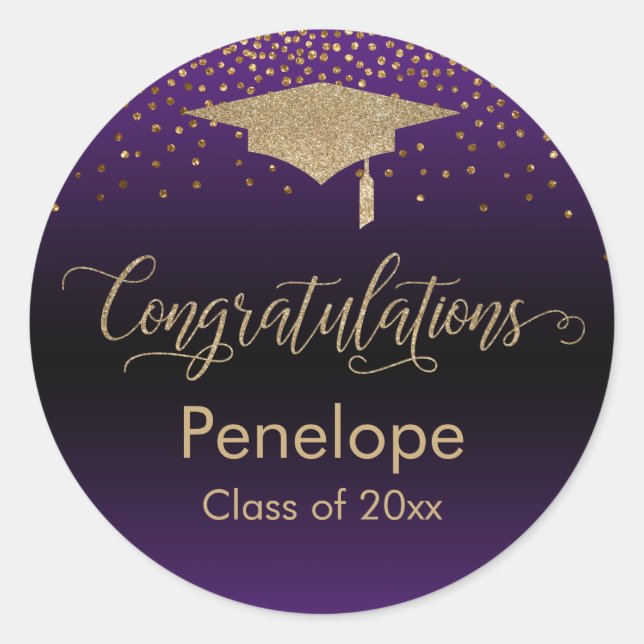 Sticker Rond Félicitations Gold Confetti Graduation Purple (Devant)