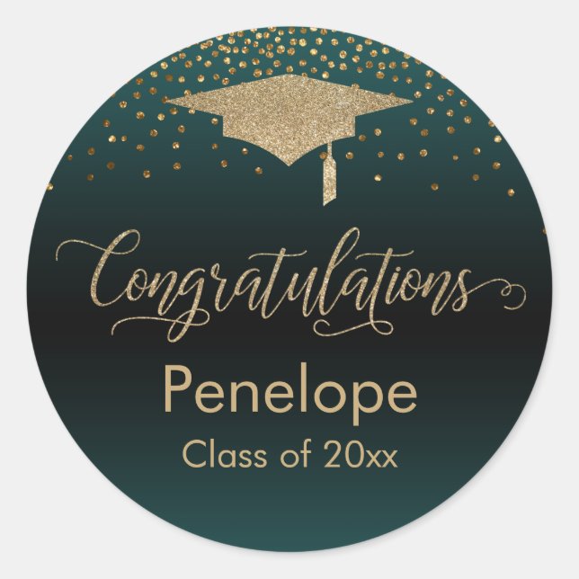 Sticker Rond Félicitations Gold Confetti Graduation Turquoise (Devant)
