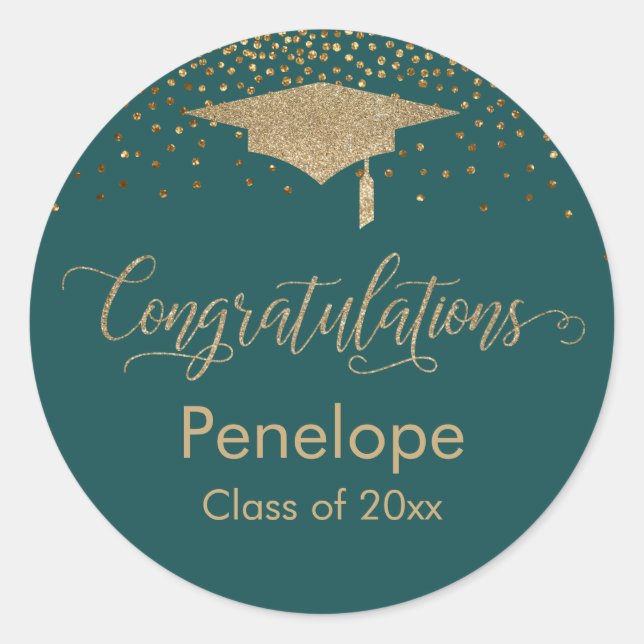 Sticker Rond Félicitations Gold Confetti Graduation Turquoise (Devant)