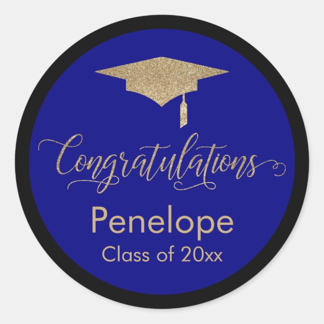 Sticker Rond Félicitations Gold Graduation Cap Blue (Devant)