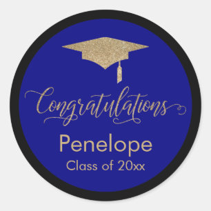 Sticker Rond Félicitations Gold Graduation Cap Blue