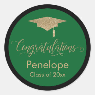 Sticker Rond Félicitations Gold Graduation Cap Green