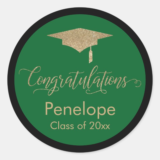 Sticker Rond Félicitations Gold Graduation Cap Green (Devant)