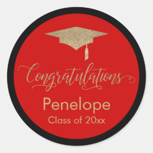 Sticker Rond Félicitations Gold Graduation Cap Rouge
