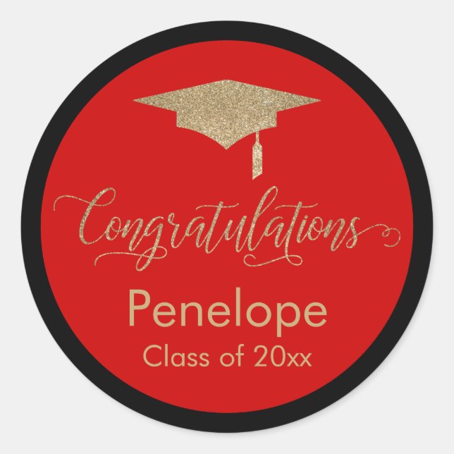 Sticker Rond Félicitations Gold Graduation Cap Rouge (Devant)