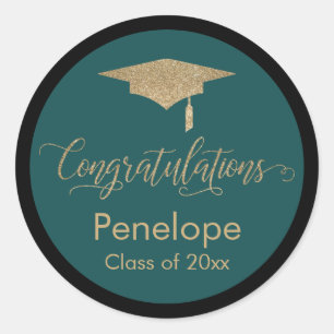 Sticker Rond Félicitations Gold Graduation Cap Turquoise