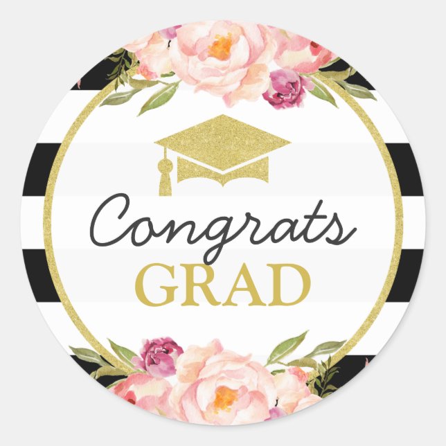 Sticker Rond Félicitations Grad | Floral Stripes Glam Graduatio (Devant)