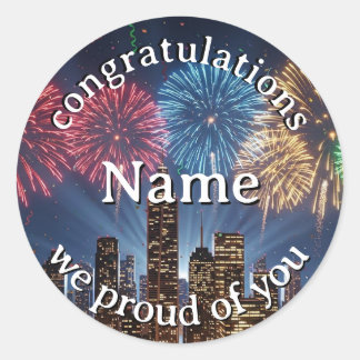 Sticker Rond Félicitations Nom personnalisé Feux d'artifice Cie