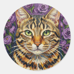Sticker Rond Félin et Floral   Chat Tigre Gris Artistique Migno
