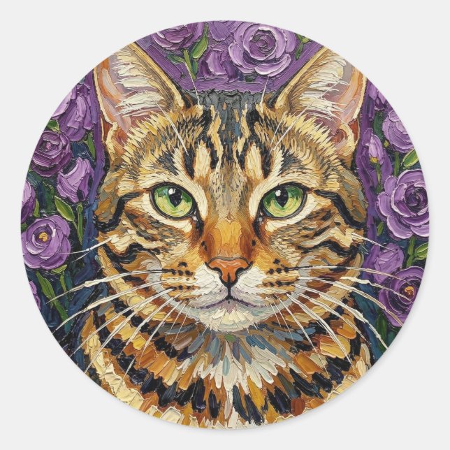 Sticker Rond Feline and Floral | Cute Artistic Gray Tabby Cat (Devant)