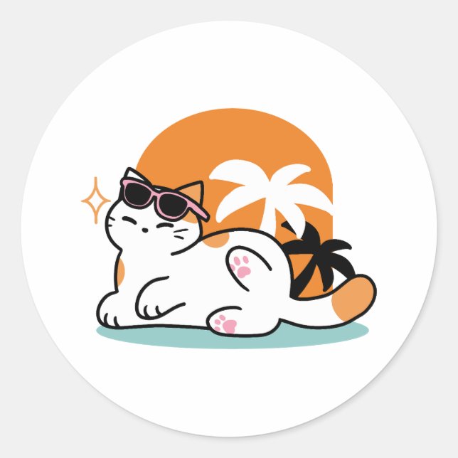 Sticker Rond Feline fin au soleil - Chat Tropical relaxé (Devant)