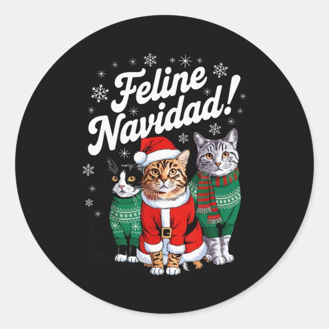Sticker Rond Feline Navidad Funny Cat Christmas Holiday Xmas Sa (Devant)
