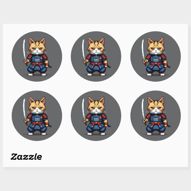 Sticker Rond Feline Samurai Warrior (Feuille)