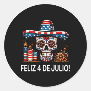 Sticker Rond Feliz 4 De Julio Fière Mexicaine Latine Drapeau Us