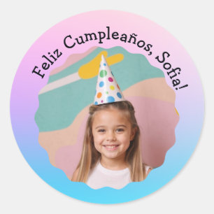 Sticker Rond Feliz Cumpleaños Con Foto Colorido Personalizado