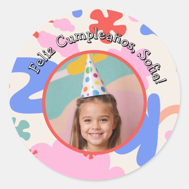 Sticker Rond Feliz Cumpleaños Con Foto Colorido Personalizado (Devant)