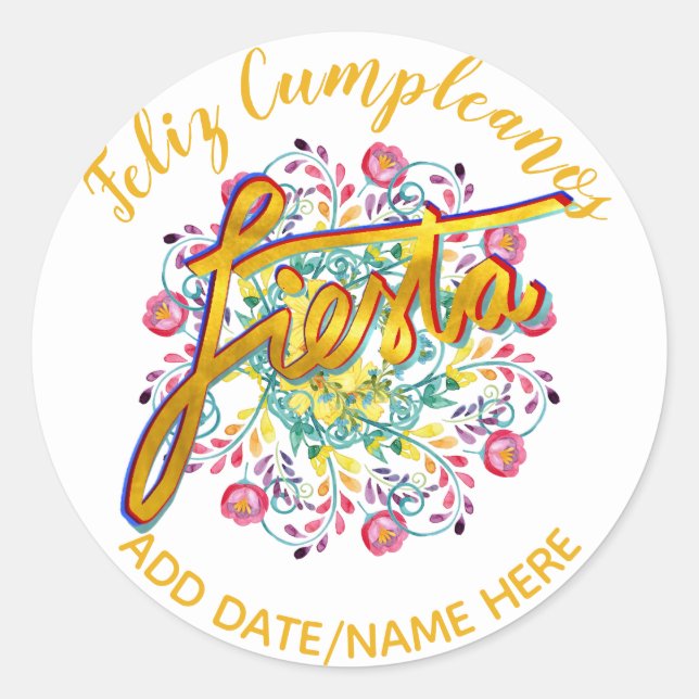 Sticker Rond Feliz Cumpleanos Fleurs folkloriques FIESTA Person (Devant)