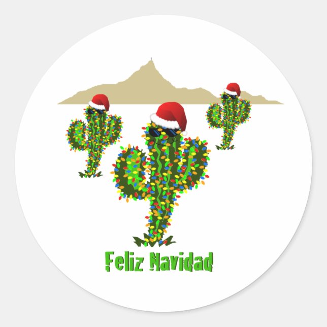 Sticker Rond Feliz Navidad - Arizona Noël Lumières Saguaro (Devant)