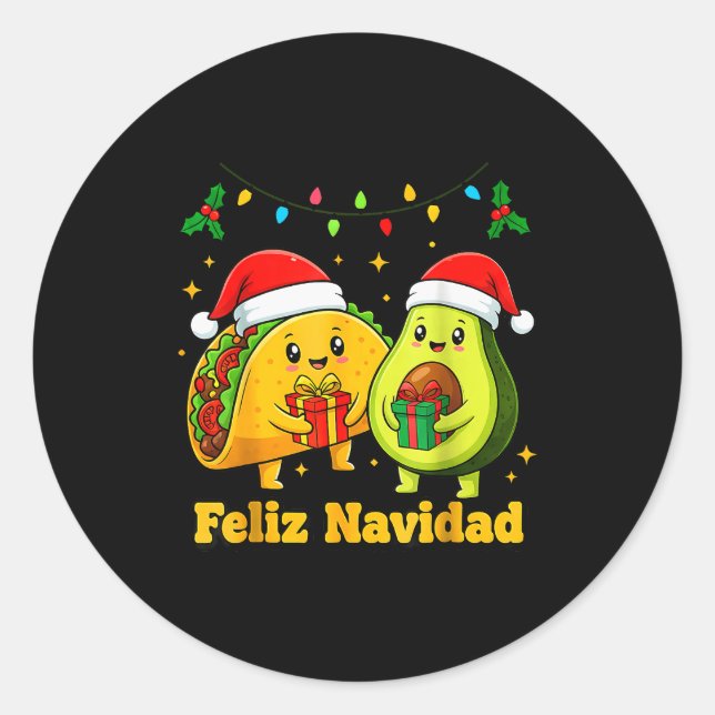 Sticker Rond Feliz Navidad Avocado Tacos Mexican Xmas Family Ma (Devant)