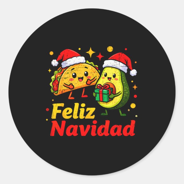 Sticker Rond Feliz Navidad Avocado Tacos Mexican Xmas Family Ma (Devant)