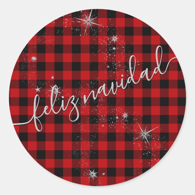 Sticker Rond Feliz Navidad Guión Plateado Moderno y Tartán Rojo (Devant)