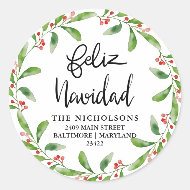 Sticker Rond Feliz Navidad Holly Wreath | Adresse de retour (Devant)