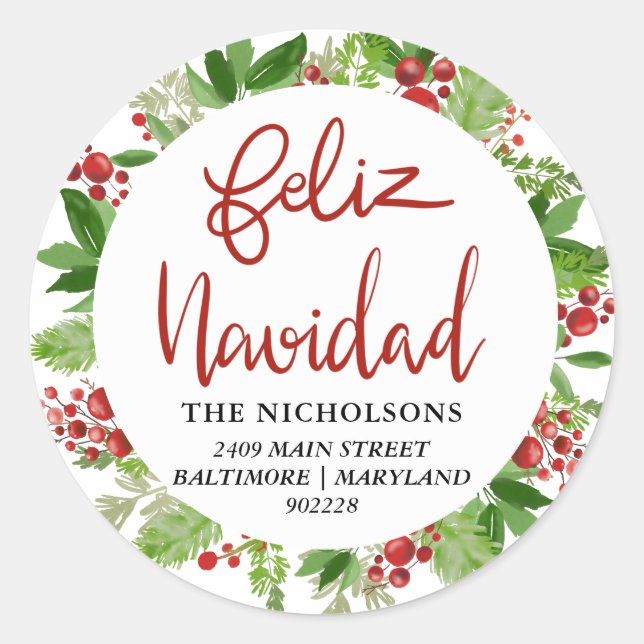 Sticker Rond Feliz Navidad Red Aquarelle Holly Wreath (Devant)