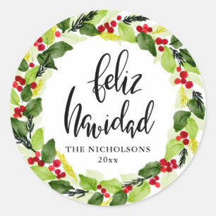 Sticker Rond Feliz Navidad Script Red Berry Vacances Wreath