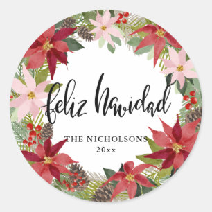Sticker Rond Feliz Navidad Script Red Poinsettia Wreath