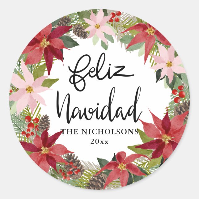 Sticker Rond Feliz Navidad Script Rouge Poinsettia Wreath Class (Devant)